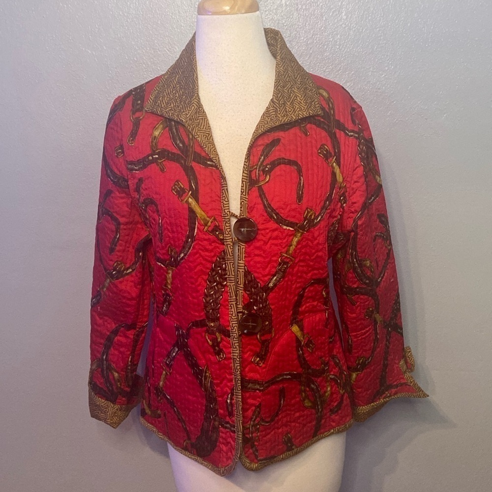 Patty Kim Quilted Reversible Jacket Equestrian Red Tan Print Lightweight M